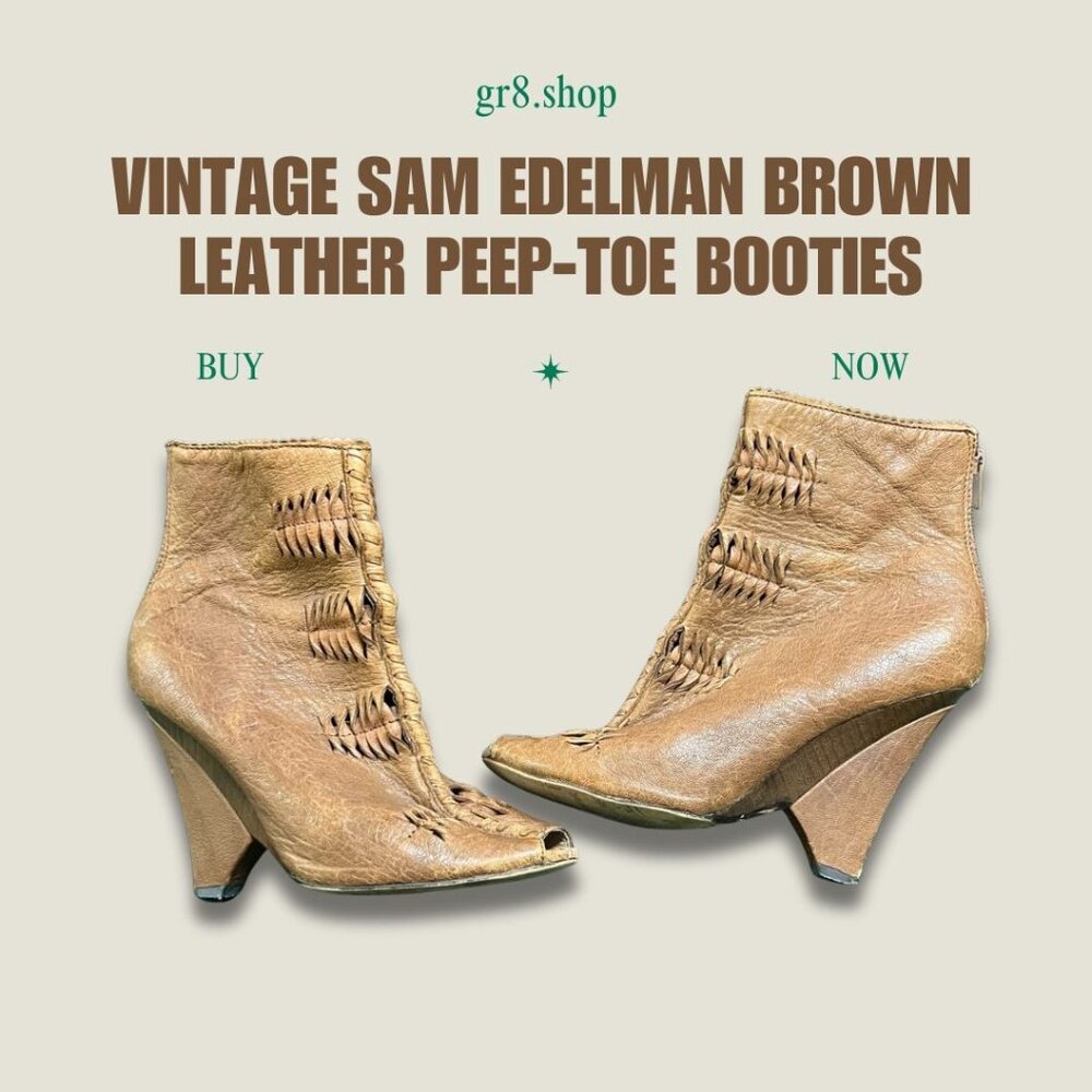 Vintage Sam Edelman Brown Leather Peep-Toe Booties Size 6 With Cutout Design & Z